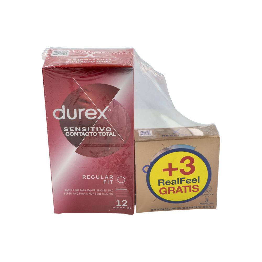 DUREX SENSITIVO CONTACTO TOTAL+ DUREX REAL FEEL PRESERVATIVOS 12 UNIDADES + 3 UNIDADES PROMOCION