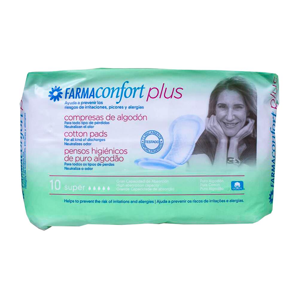 COMPRESAS DE ALGODON FARMACONFORT PLUS SUPER 10 UNIDADES