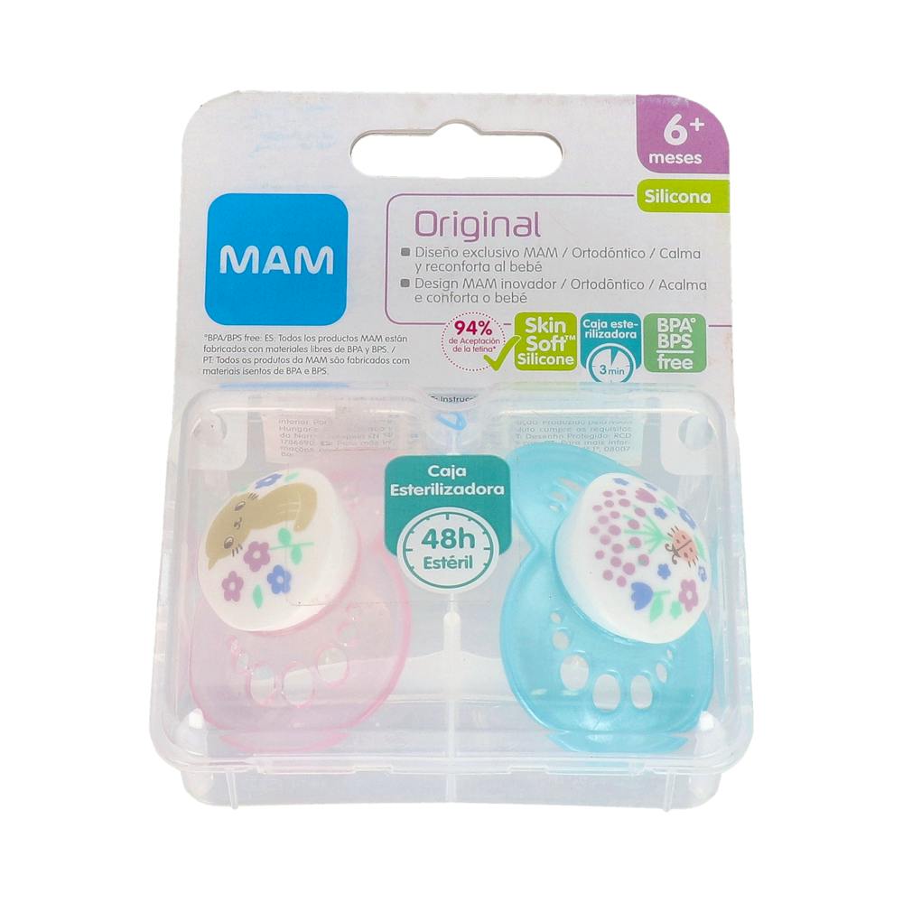 CHUPETE SILICONA FISIOLOGICO MAM ORIGINAL + 6 MESES 2 UNIDADES COLOR ROSA