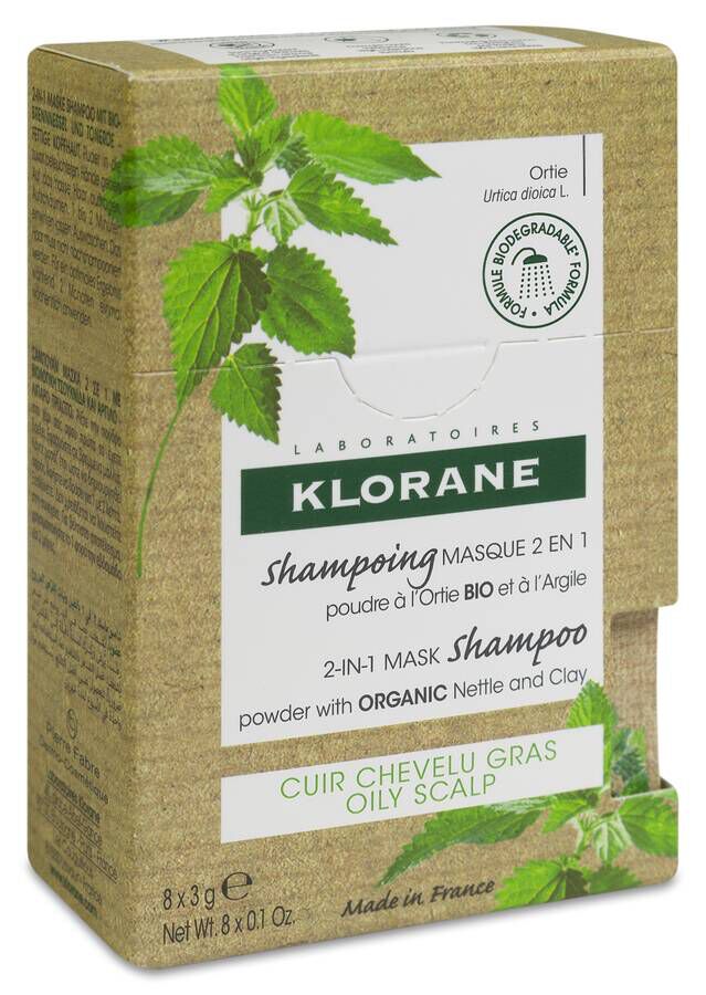 KLORANE CHAMPU MASCARILLA 2 EN 1 POLVO A LA ORTIGA Y A LA ARCILLA 8 SOBRES 3 G