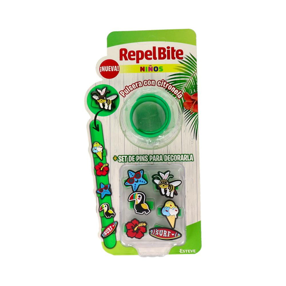 REPEL BITE NIÑOS PULSERA CON CITRONELA 6 PINS DECORATIVOS