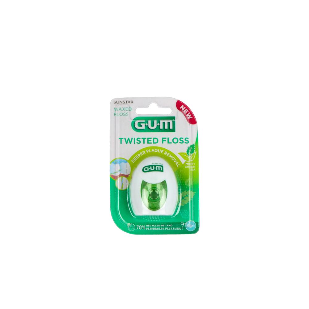 GUM 350 TWISTED FLOSS SEDA CON CERA 1 UNIDAD 30 M SABOR TE VERDE Y MENTA