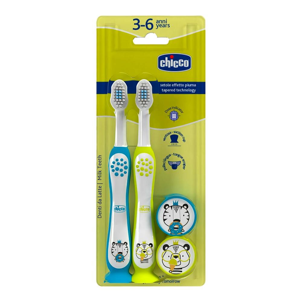 CEPILLO DENTAL INFANTIL CHICCO 3 6 AÑOS 2 UNIDADES COLOR AZUL AMARILLO