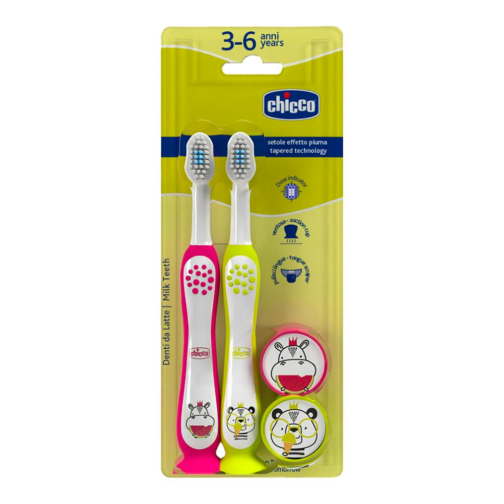 CEPILLO DENTAL INFANTIL CHICCO 3 6 AÑOS 2 UNIDADES COLOR ROSA AMARILLO